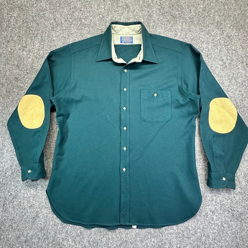 Pendleton Wool Shirt Mens‎ XL Green Elbow Patches Virgin Wool USA Vintage